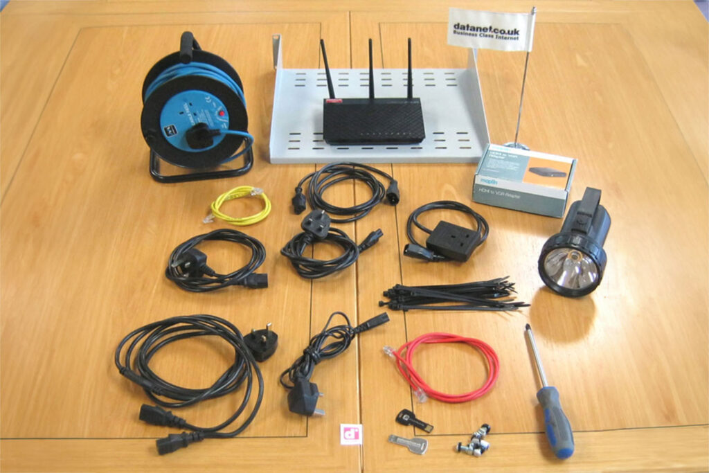 a range of tools, plugs and wires to support clients on site