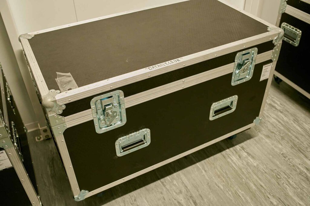 a large flight storage case in the corridor of the data centre ready to be used